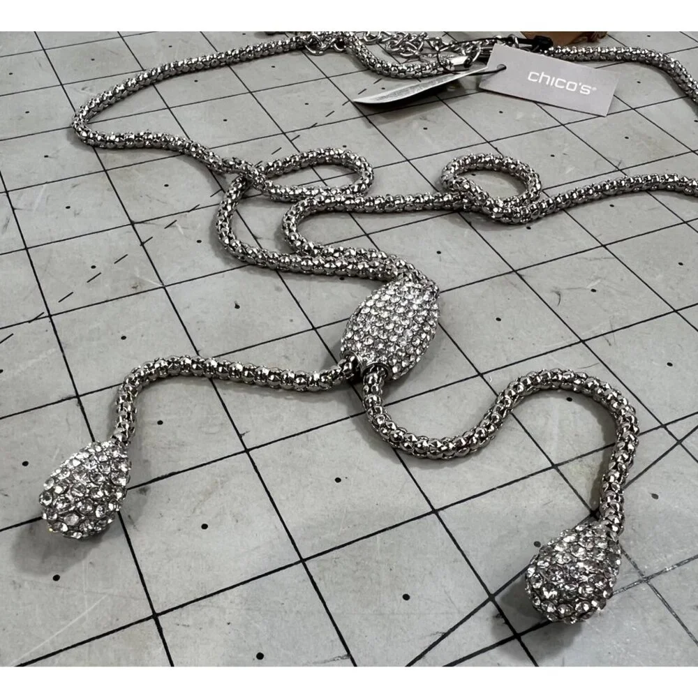 Chico's Silver-Tone Crystal Drop Lariat Necklace Adjustable Lobster Clasp NEW - Picture 4 of 7